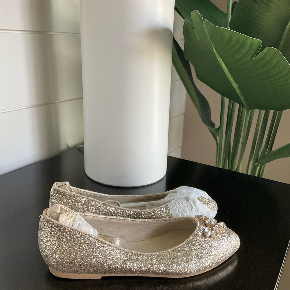 Joyfolie Gold Glitter Flats with Jewel Accent